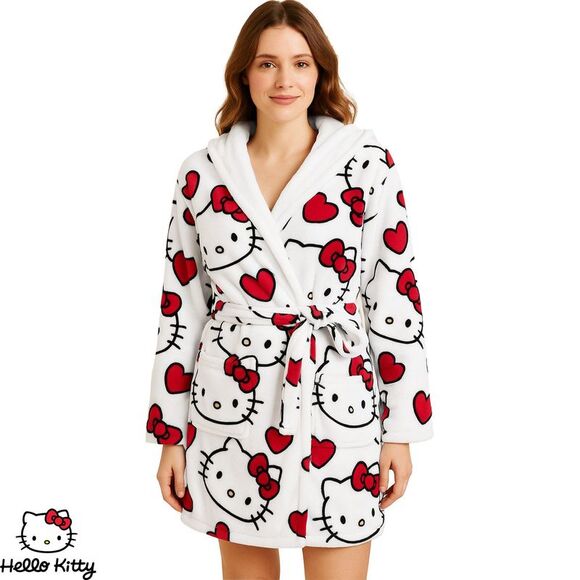 Hello Kitty Womens/Ladies 3D Ears Fleece Robe / White/Red/Black - Picture 4 of 5